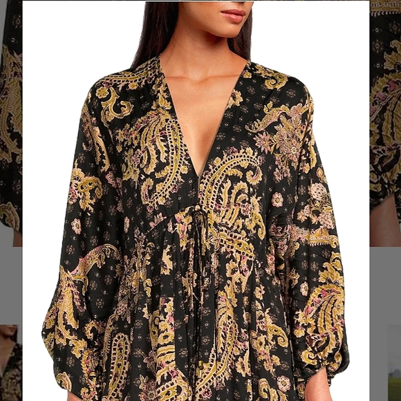 FREE People | Printed Deep V-Neck Long Blouson Sleeve Mini Dress - Picture 4 of 7
